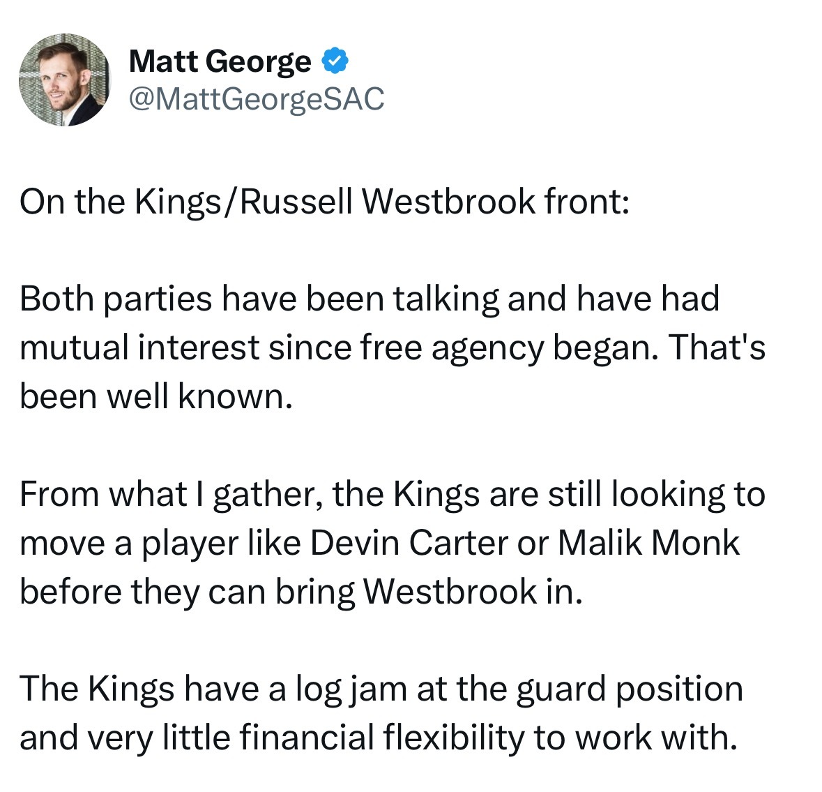 国王记者Matt George：关于国王队和拉塞尔-威斯布鲁克的动态：自自由球员