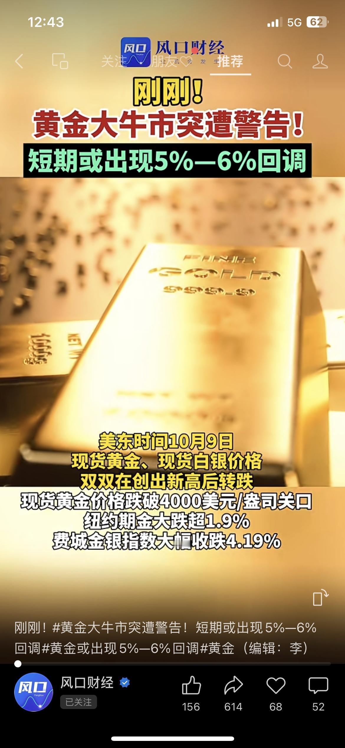 刚刚！黄金大牛市突现警报！短期或迎5%-6%回调，现在是逃顶还是抄底？

美东时