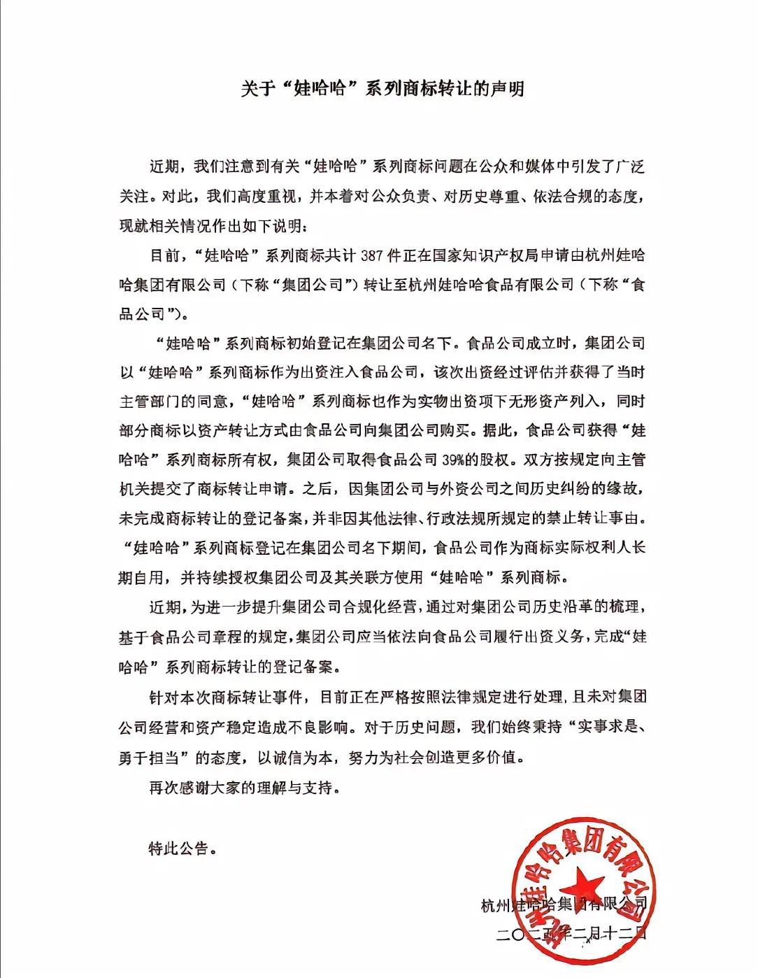 娃哈哈”系列商标初始登记在集团公司名下。食品公司成立时，集团公司以“娃哈哈”系列