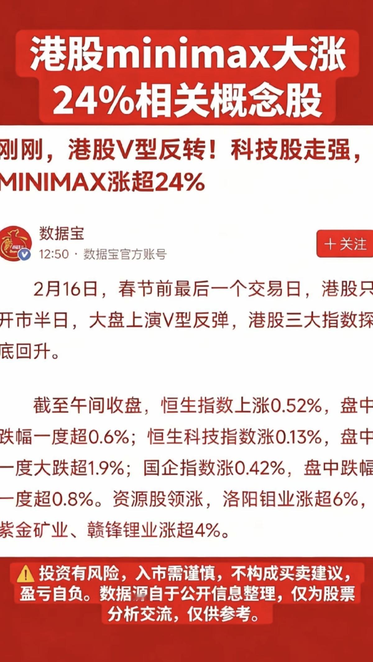 港股Minimax大涨24%，相关概念股！

2月16日，港股开盘，V型反转，科
