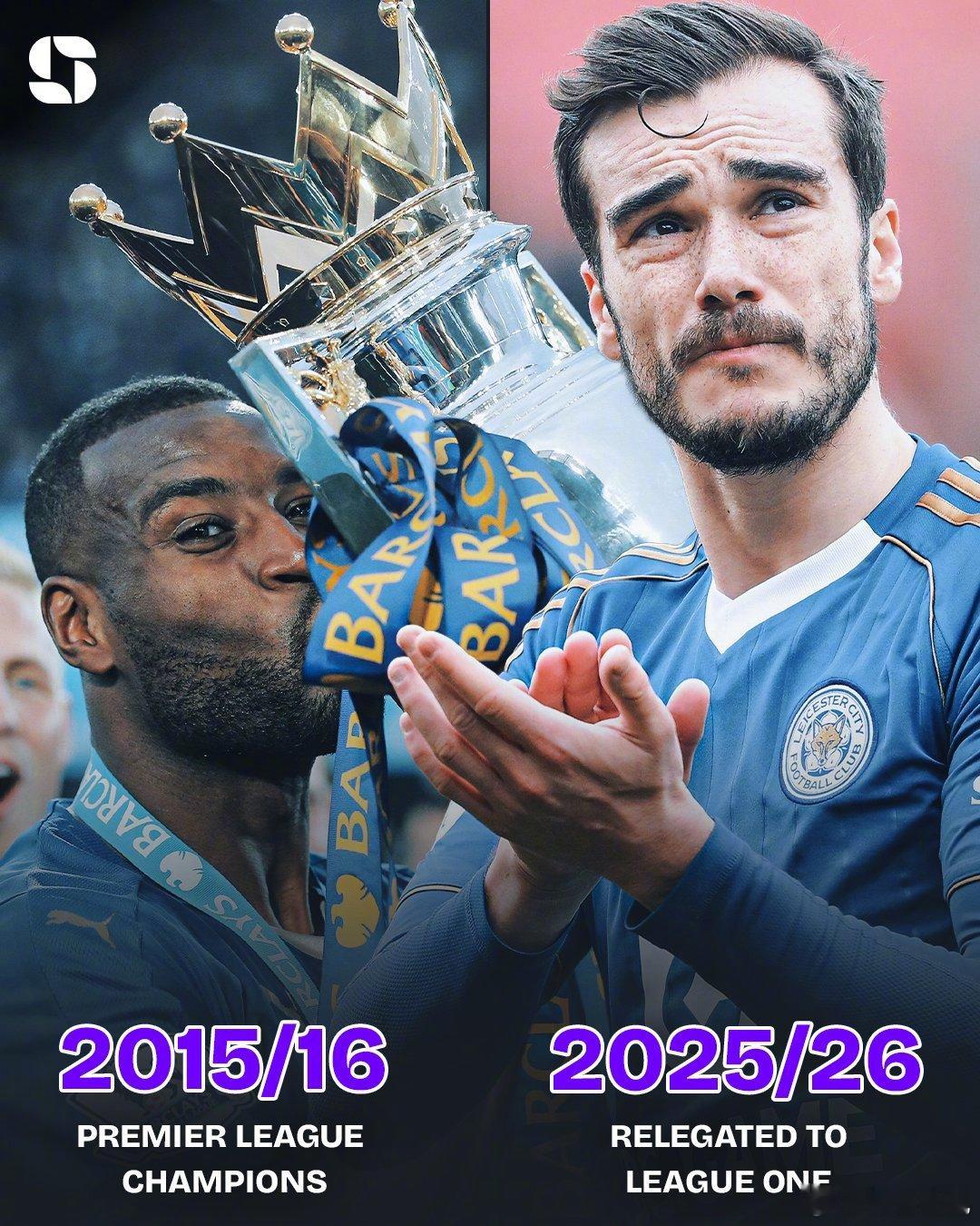 【莱斯特城提前降入英甲】2015-16赛季，莱斯特城创造蓝狐奇迹，夺得队史首个英