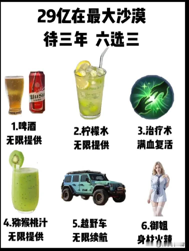 29亿在最大沙漠待三年，
极限六选三？
我选356。
即：满血复活的治疗术，
无