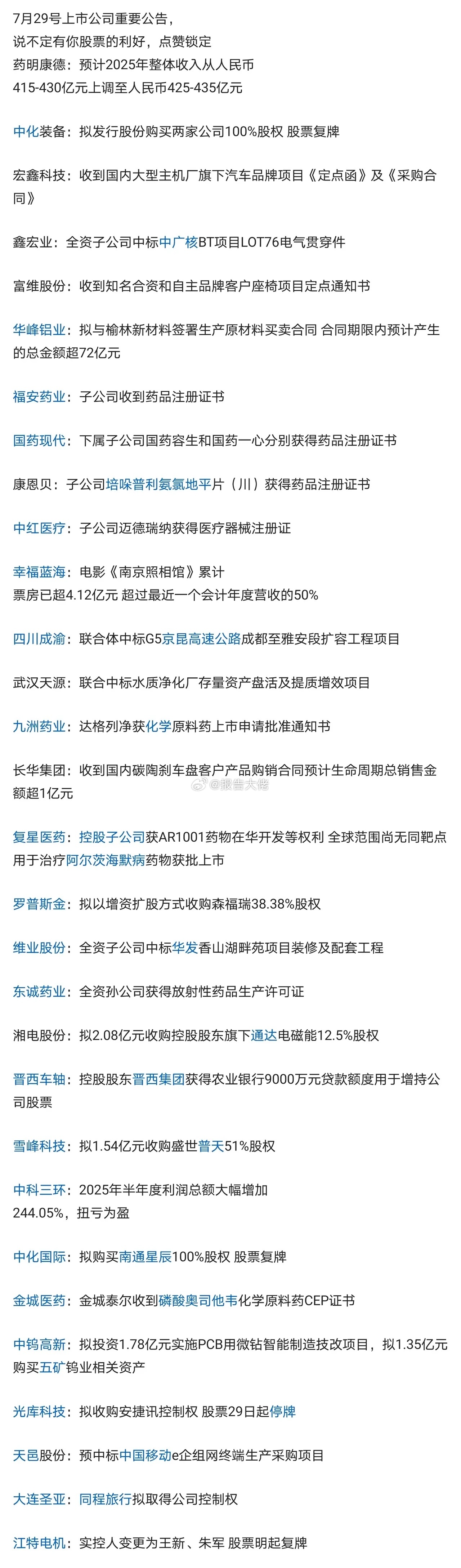 7月29号个股重要公告 ​​​
