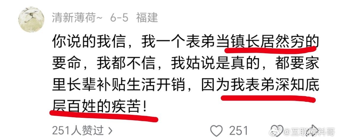 当镇长穷的要命，要家里补贴生活开销，因为深知老百姓疾苦。。。 ​​​