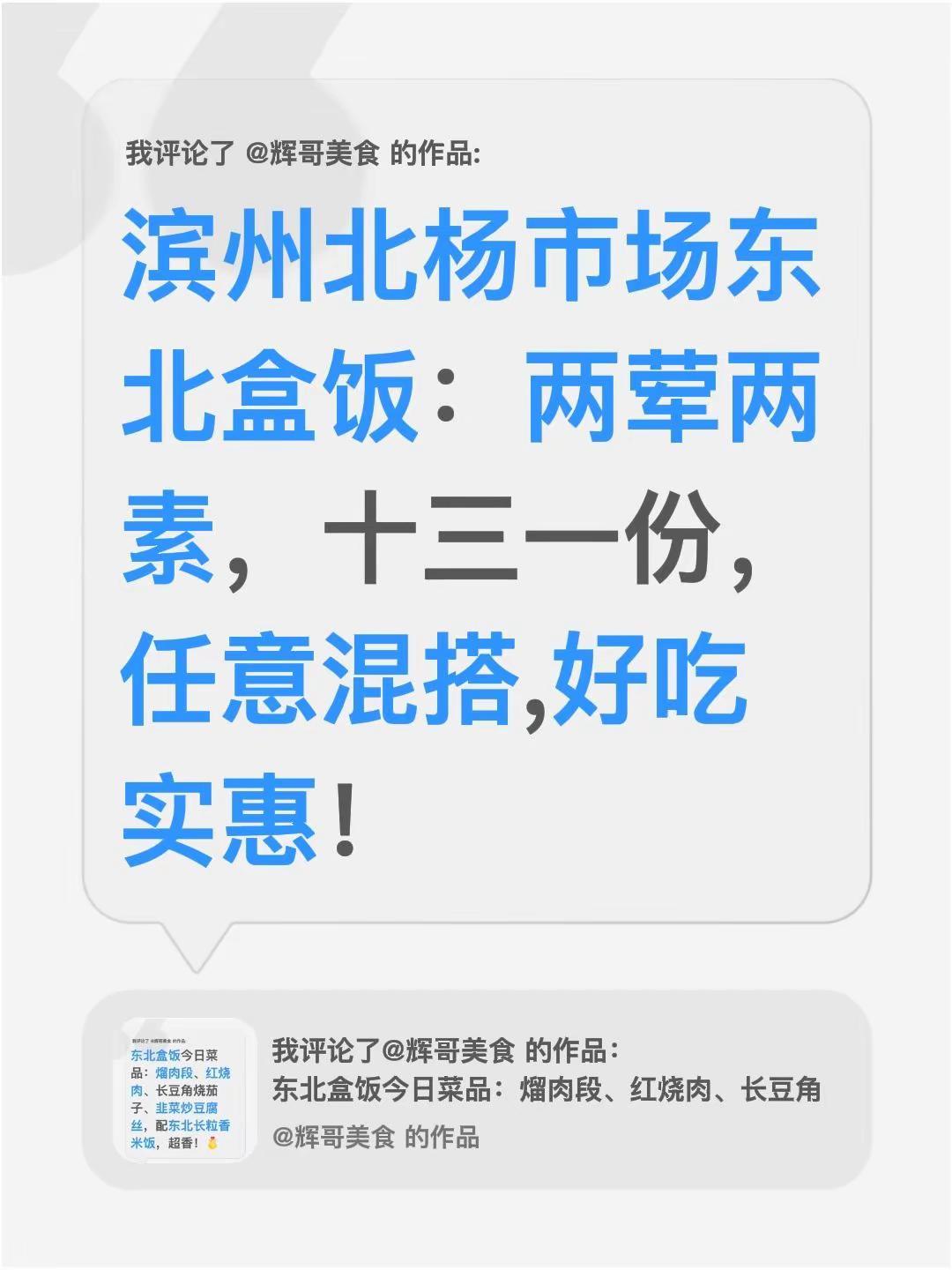 我评论了@辉哥美食 的作品：滨州北杨市场东北盒饭：两荤两素，十三一份，任意混搭,