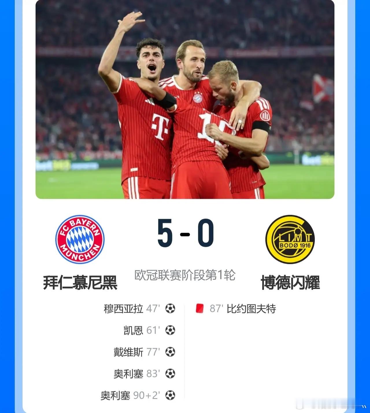 拜仁5-0大胜博德闪耀，开门红手到擒来！此役，奥利塞2射1传独造3球，凯恩传射建