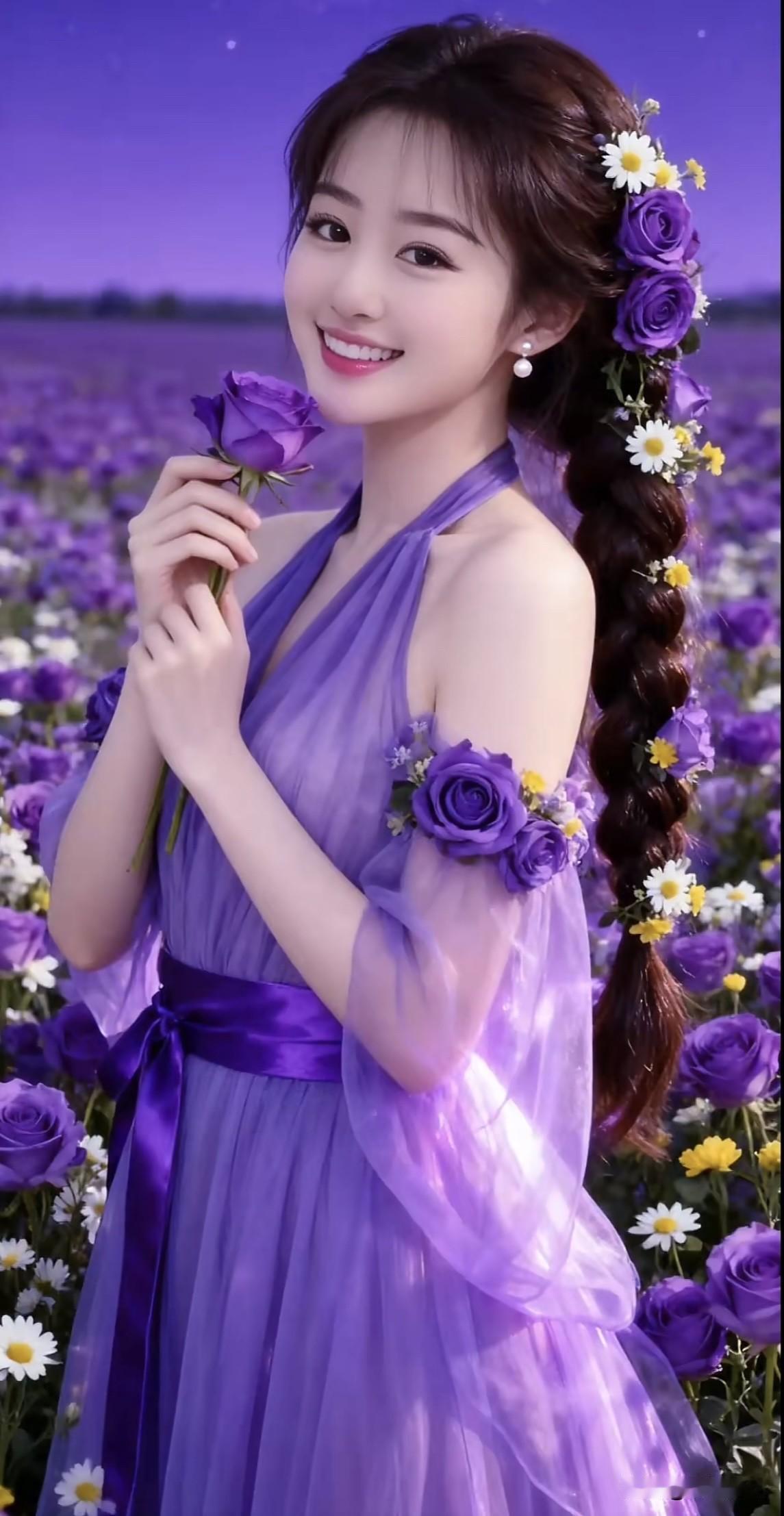 紫衣美人花间笑，玫瑰香气满怀柔。绿裙蝶舞仙境 湖畔紫裙照 紫裙花卉写真 湖畔紫裙