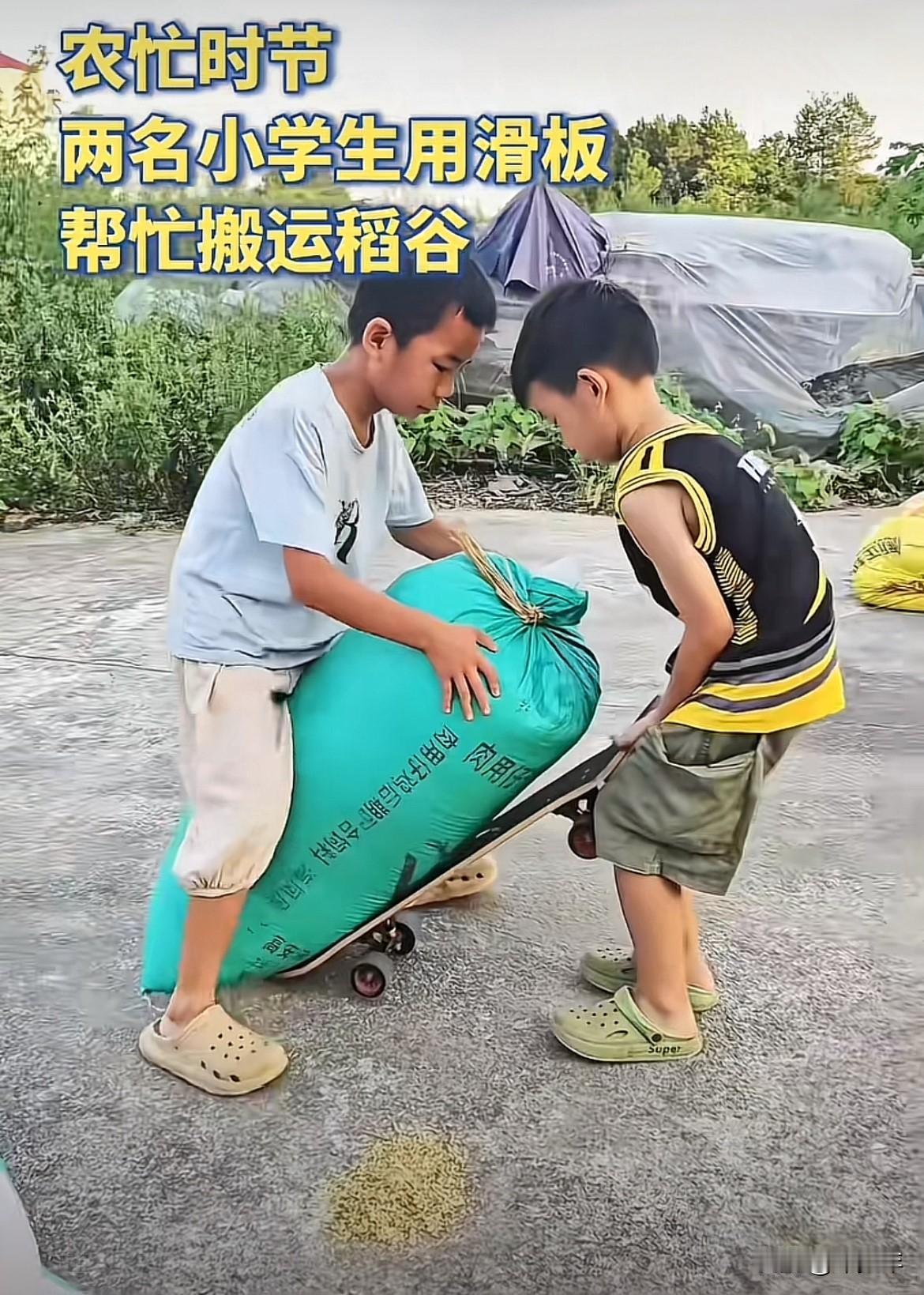江西农村的男孩子用滑板帮忙运稻谷，两人配合默契！小小的滑轮扛起的是他们心中巨大的