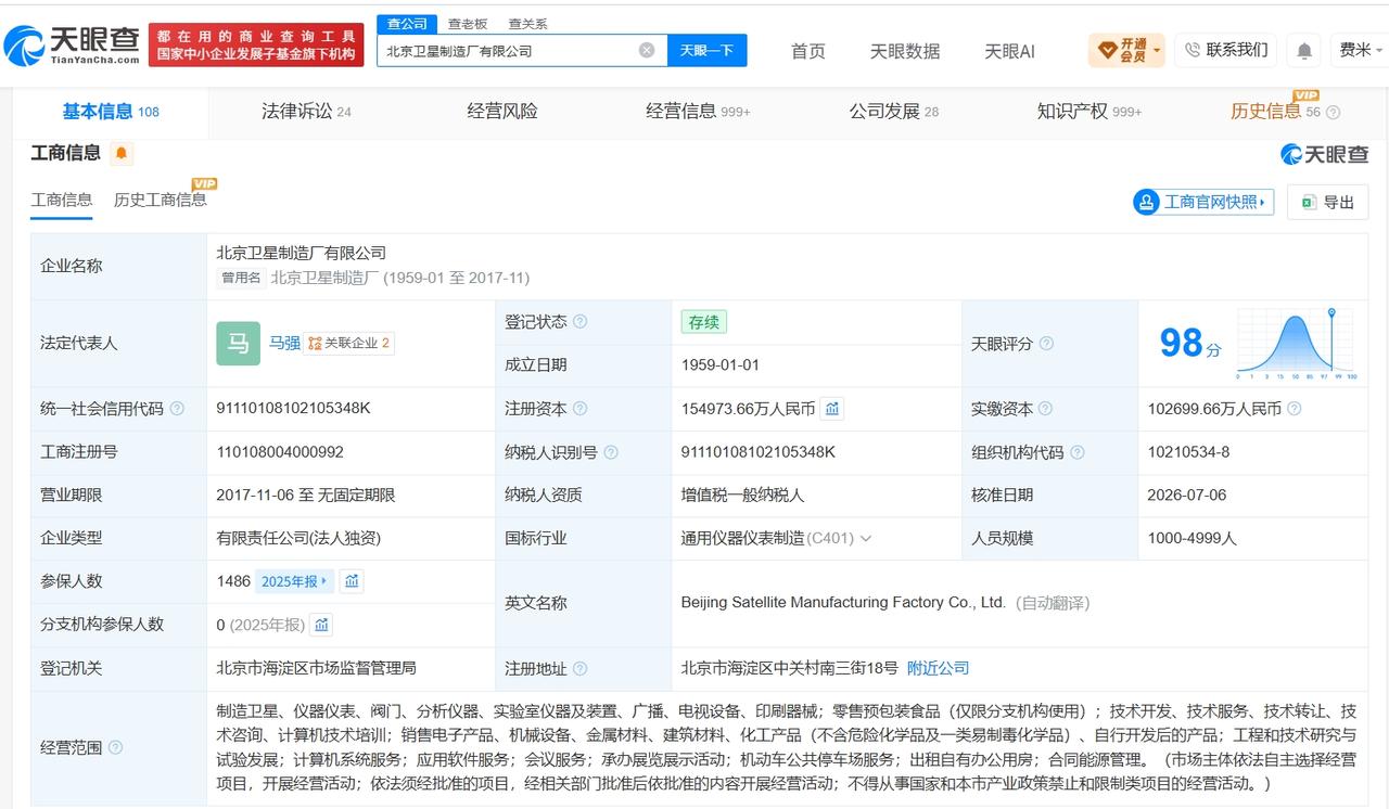 天眼查App显示，近日，北京卫星制造厂有限公司发生工商变更，注册资本由约 10.