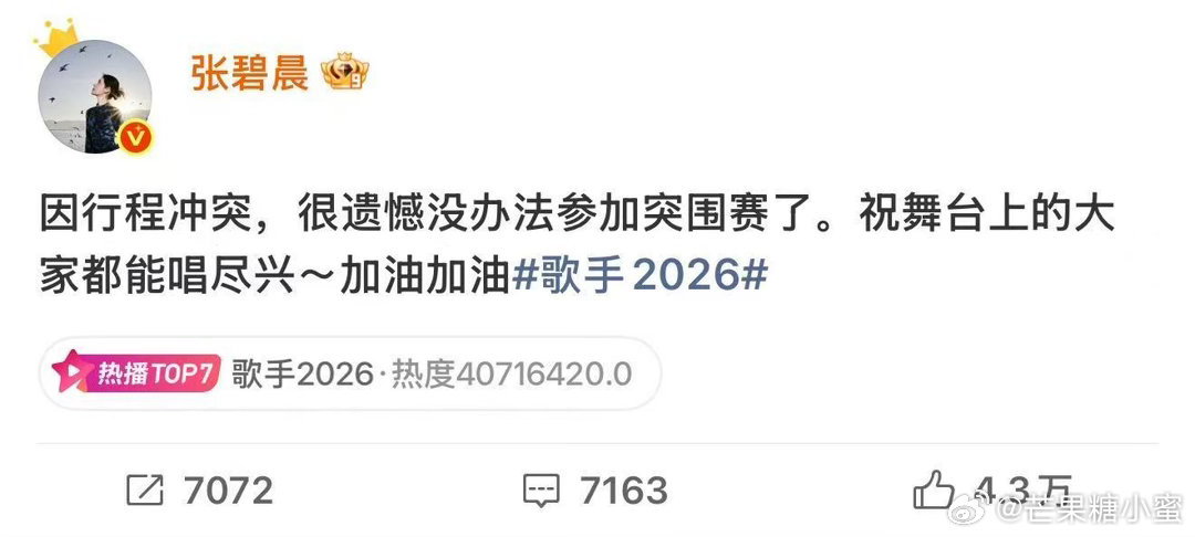 张碧晨弃赛声明张碧晨确定缺席《歌手2026》突围赛了，发文说因为行程冲突没办法继