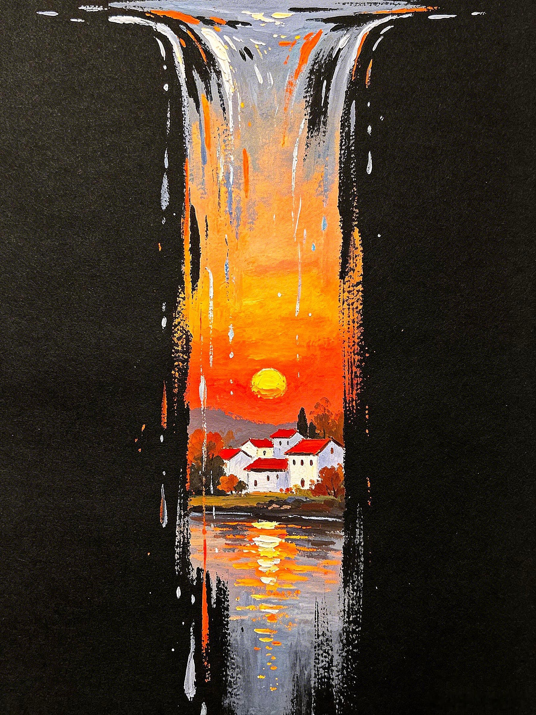 当晚霞顺着画布缓缓流淌，颜料顺着画布垂落，像山间溪流奔涌而下，打破了风景原本的边