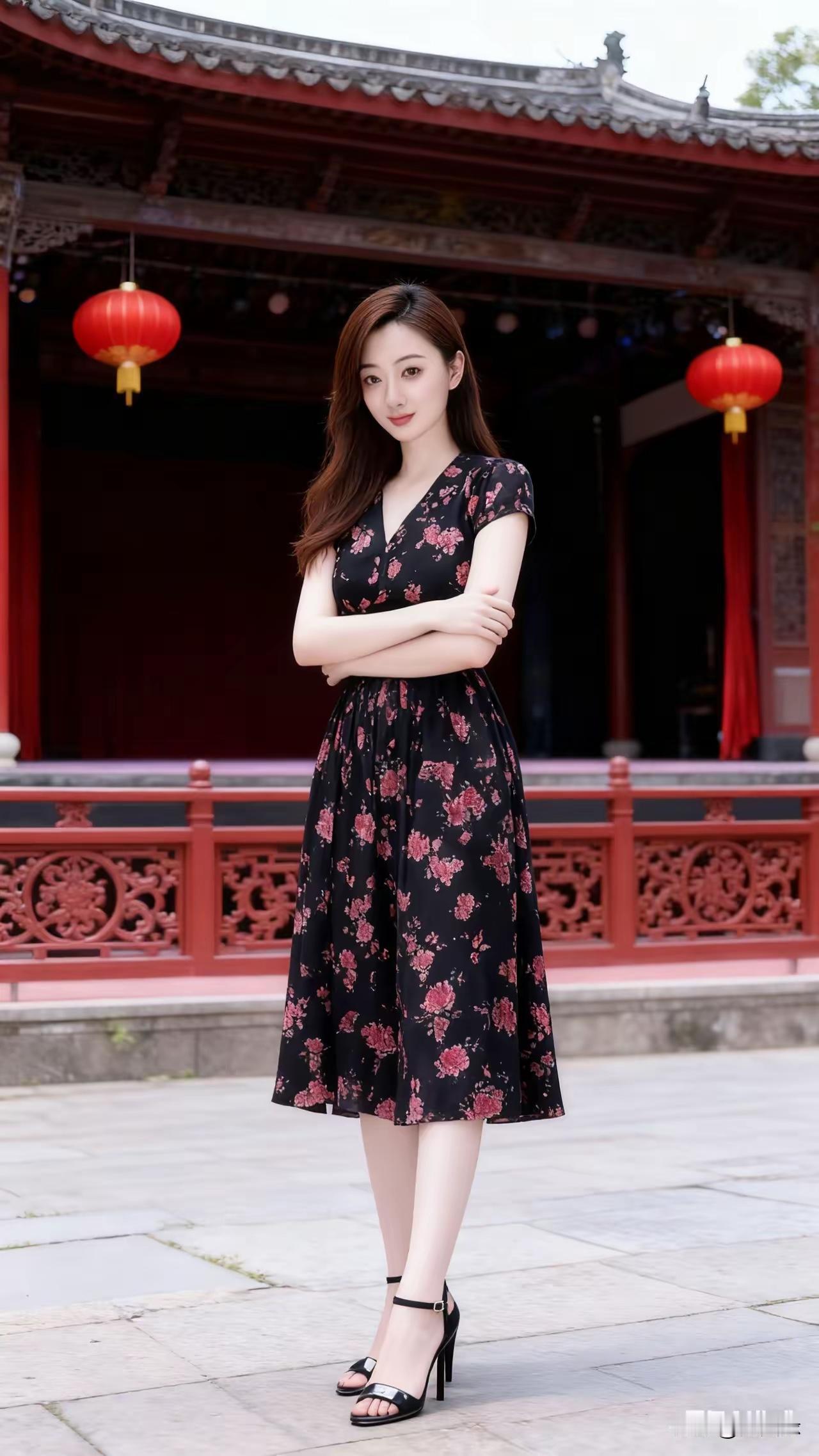 在古风建筑前，穿花裙的少女，优雅动人