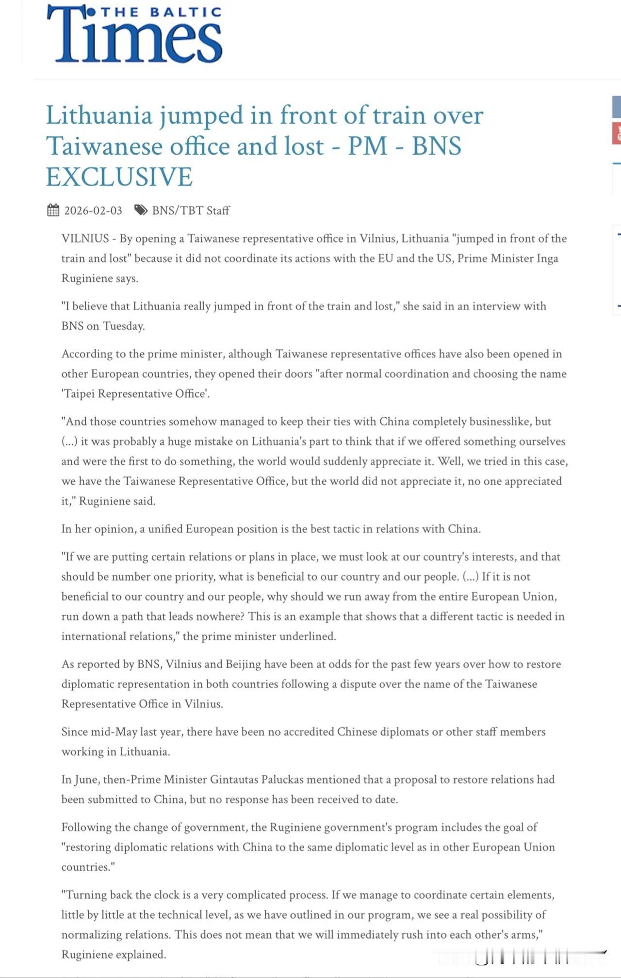 波罗的海时报说，立陶宛给中国递交了一份文件，希望恢复关系，但是中国毫无回应。去年