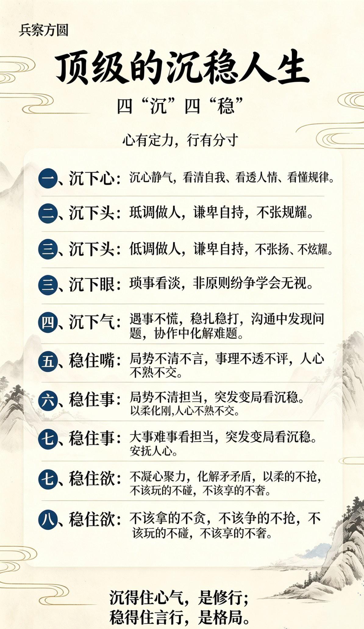 顶级的通透人生：
沉得住心气是修行，
稳得住言行是格局。

前阵子项目上线前三天