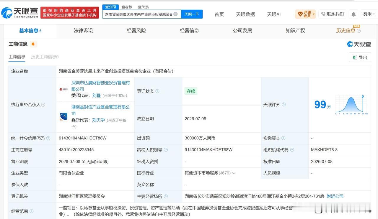 【湖南省金芙蓉达晨未来产业创业投资基金成立 出资额30亿】
天眼查App显示，近