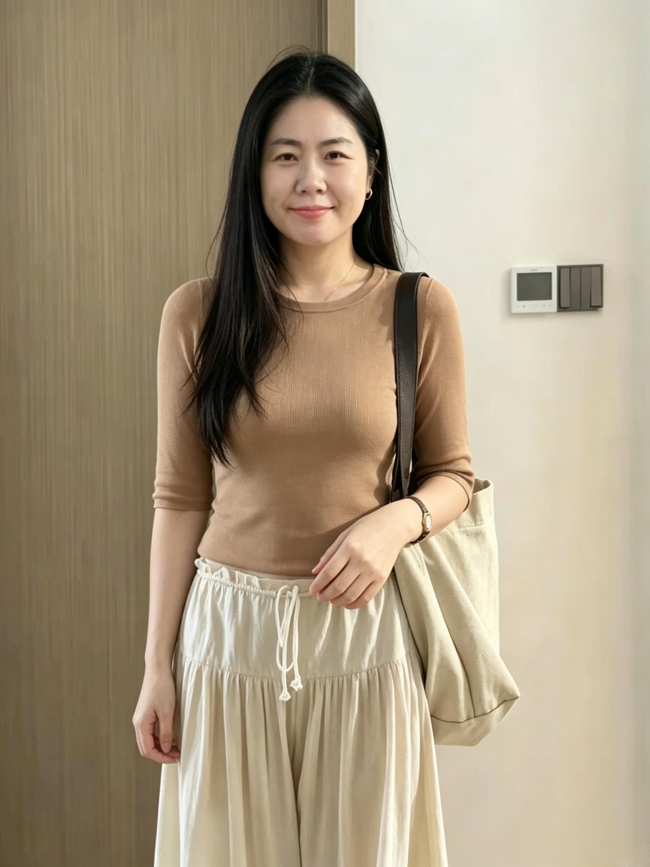素衫温玉润，长裙曳浅霜。
清容含浅笑，温婉自生香。