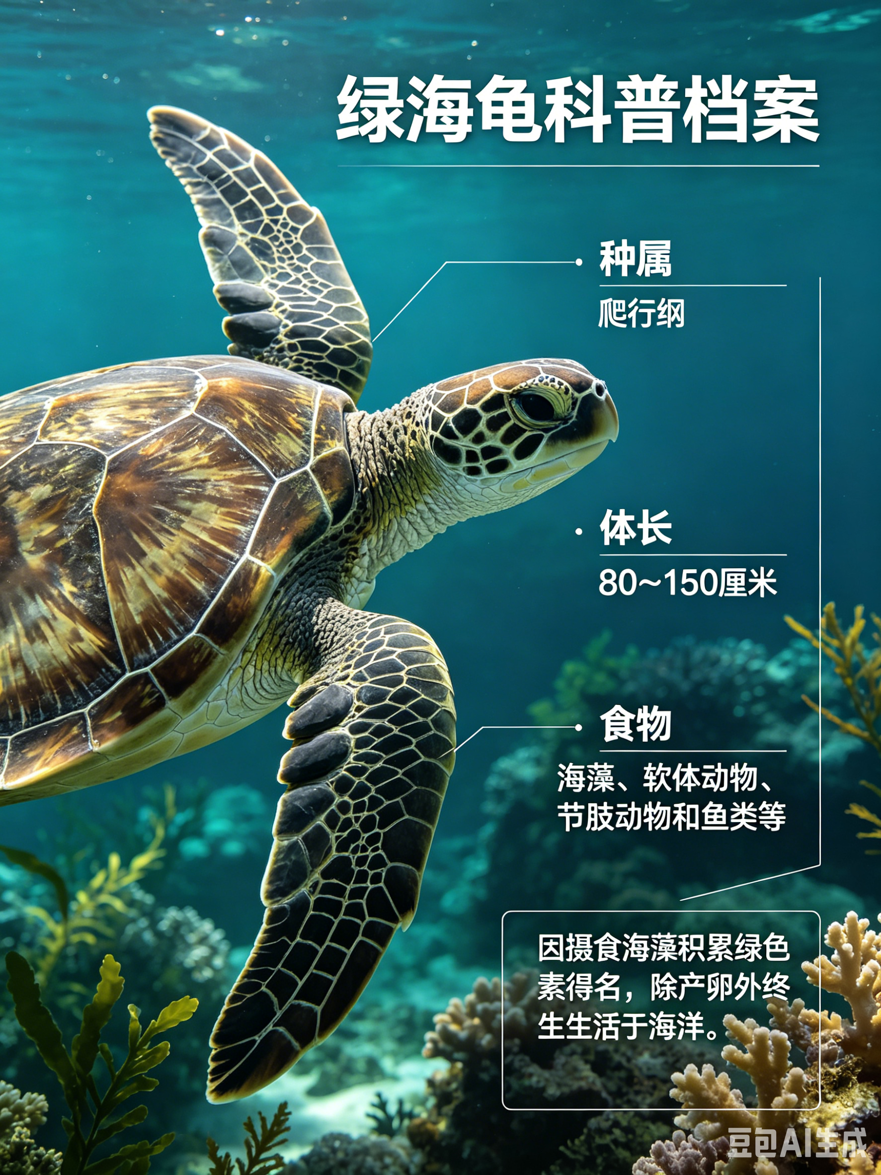 海洋朋友圈 绿海龟海洋档案种　属：爬行纲体　长：80～150厘米食　物：海藻、软
