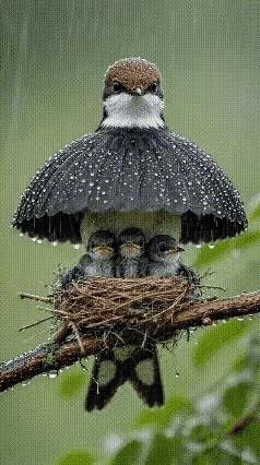 最美的画面，最温暖的地方。

瓢泼大雨将至，鸟妈妈张开美丽的翅膀环抱着小鸟。
