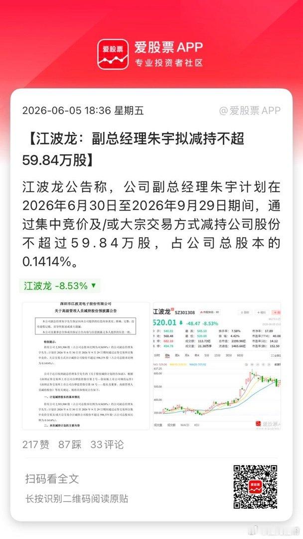 【江波龙：副总经理朱宇拟减持不超59.84万股】江波龙公告称，公司副总经理朱宇计