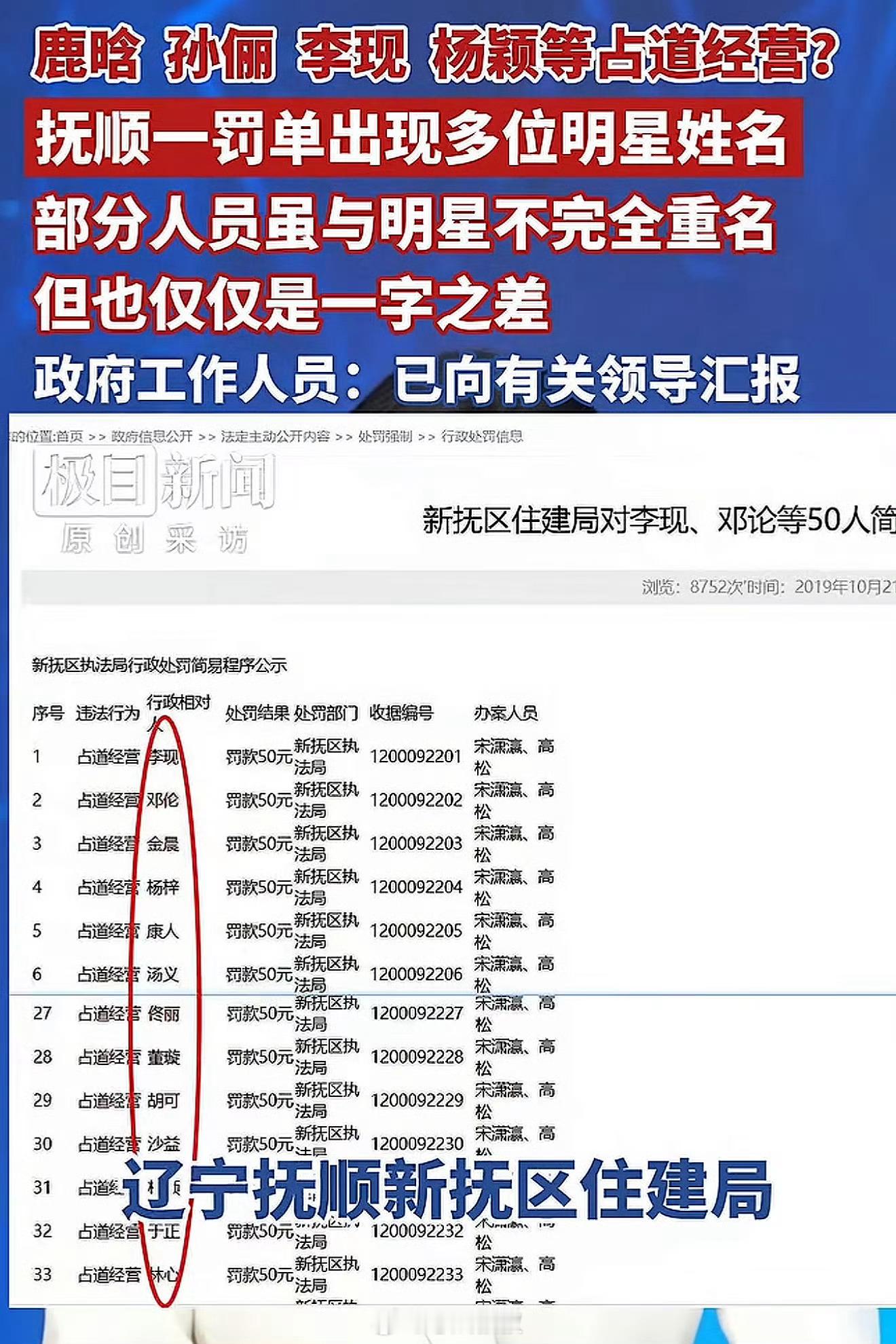 官方通报孙俪李现等占道经营被处罚公示材料时使用虚假人名这也行？？ 佛山
