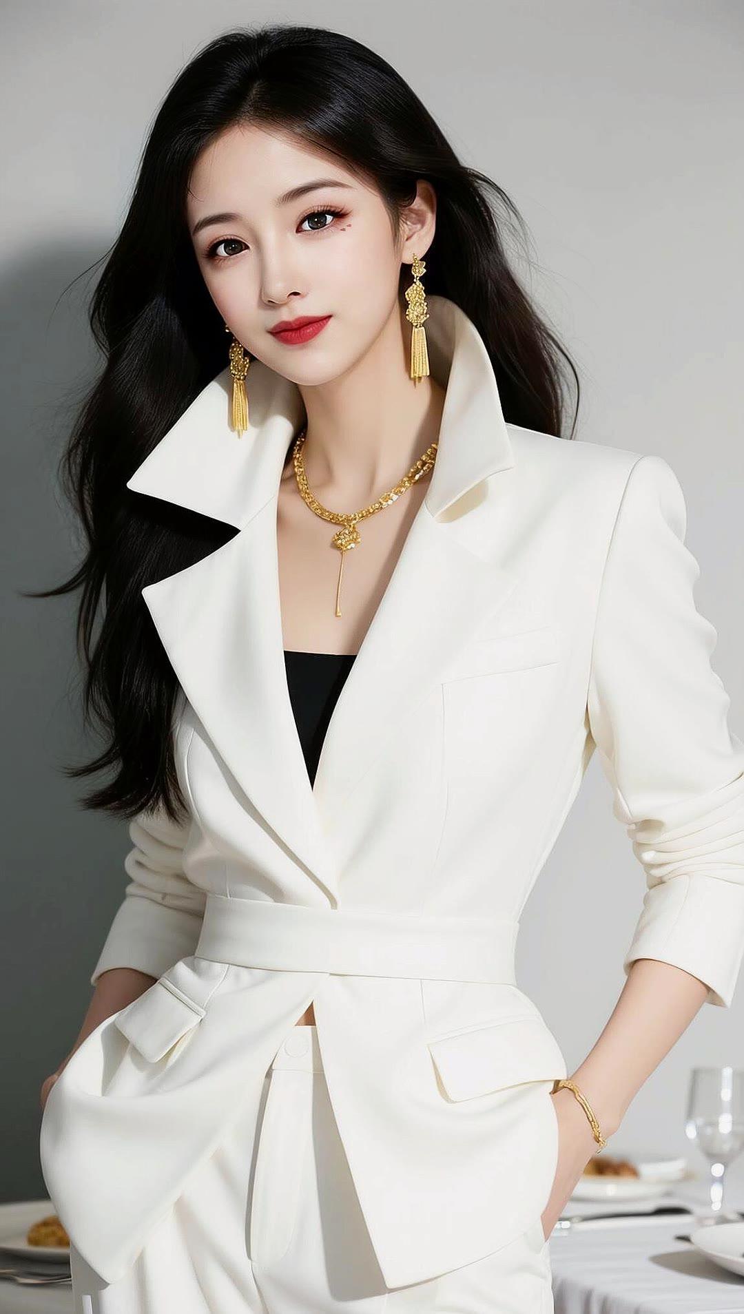 优雅白西装穿搭，精致配饰点缀，尽显时尚魅力！