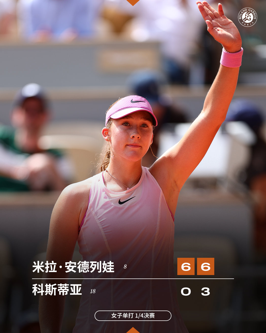 米拉·安德列娃重返罗兰·加洛斯四强 🌟法网2026 女单1/4决赛，8号种子米