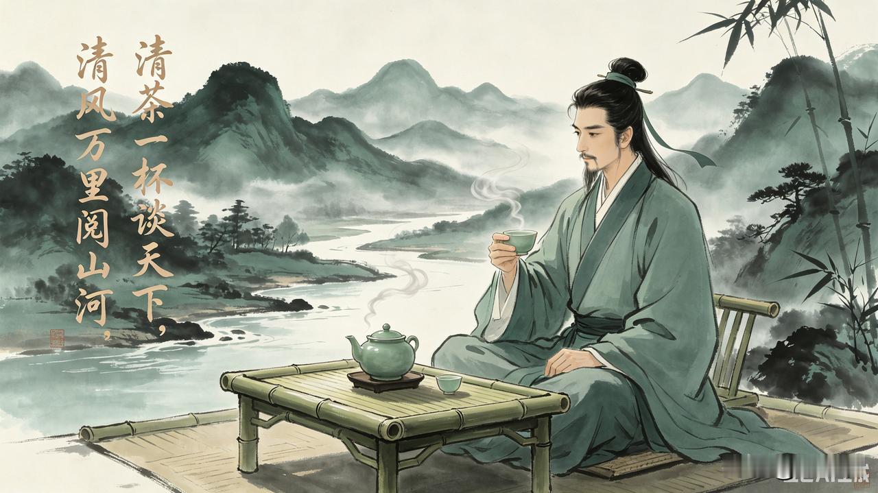 上联: 清茶一杯谈天下
下联:清风万里阅山河