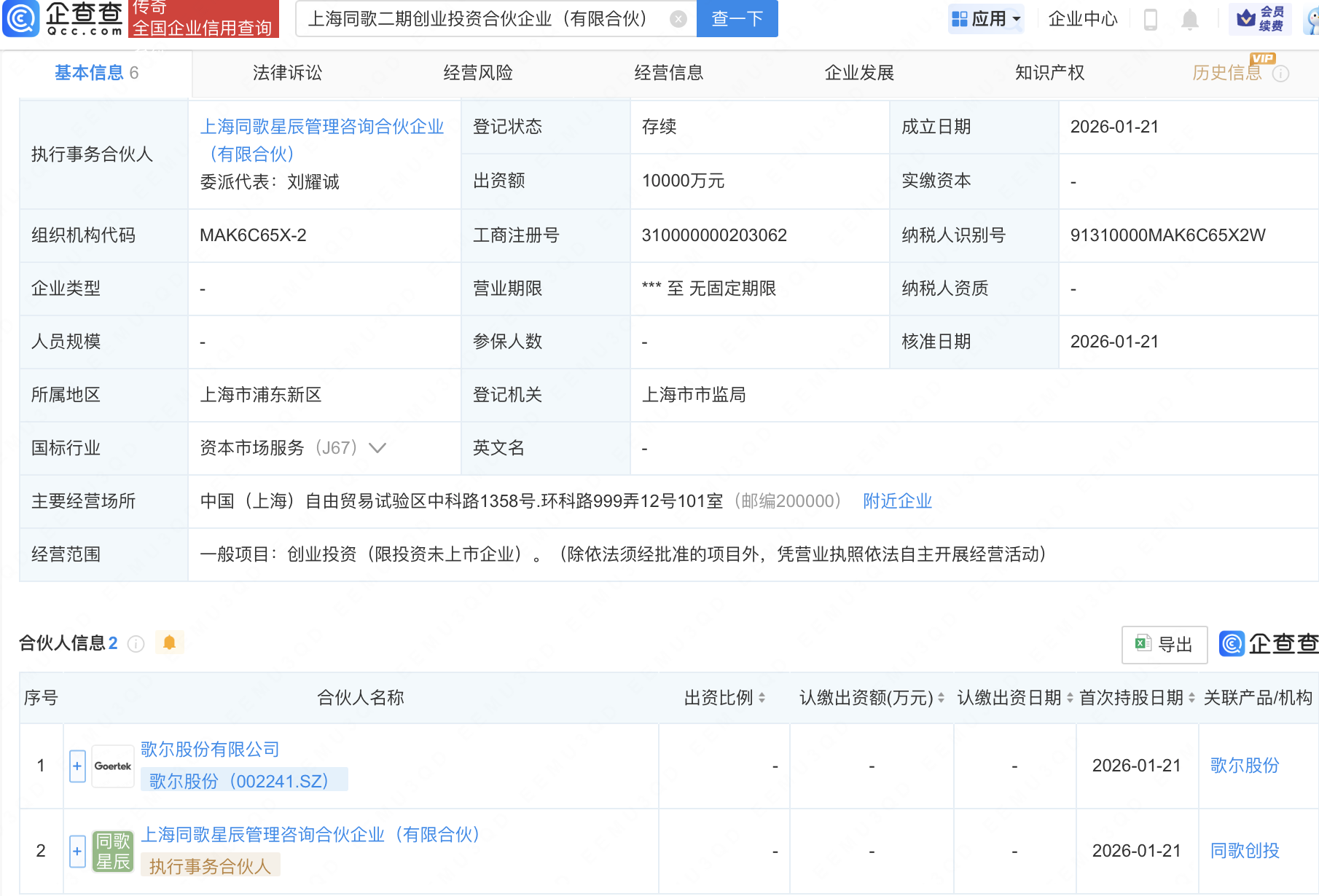 歌尔股份等在上海新设创投合伙企业