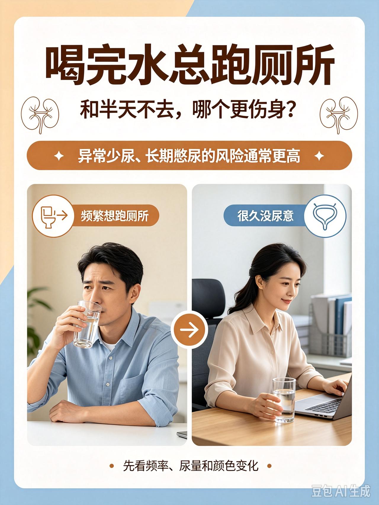 喝完水总跑厕所和半天不去哪个更伤身
 
很多人都有这样的疑惑，同样是喝水，有的人