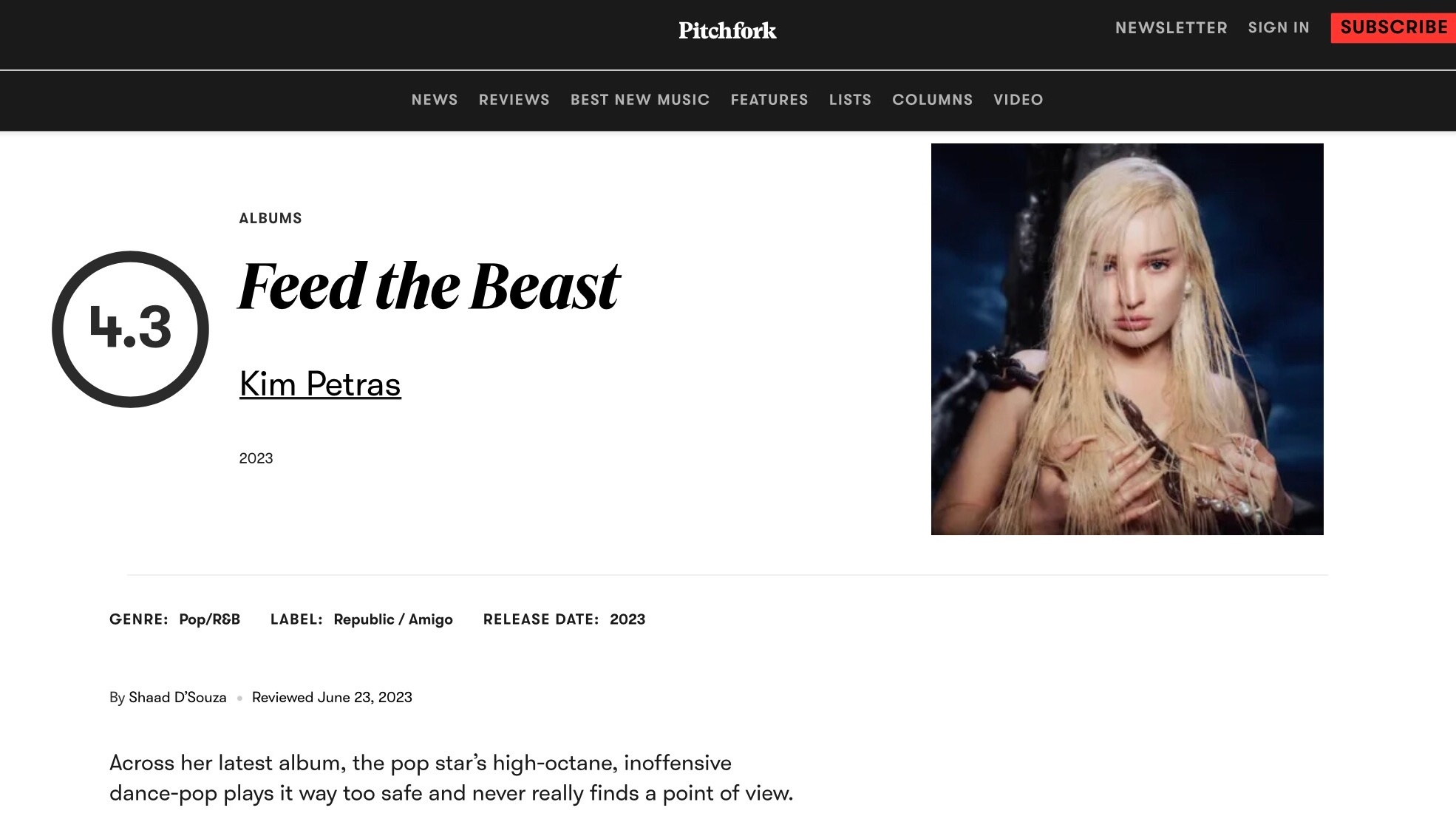 【乐评历史】乐评机构 Pitchfork 为 Kim Petras 各专辑评分一