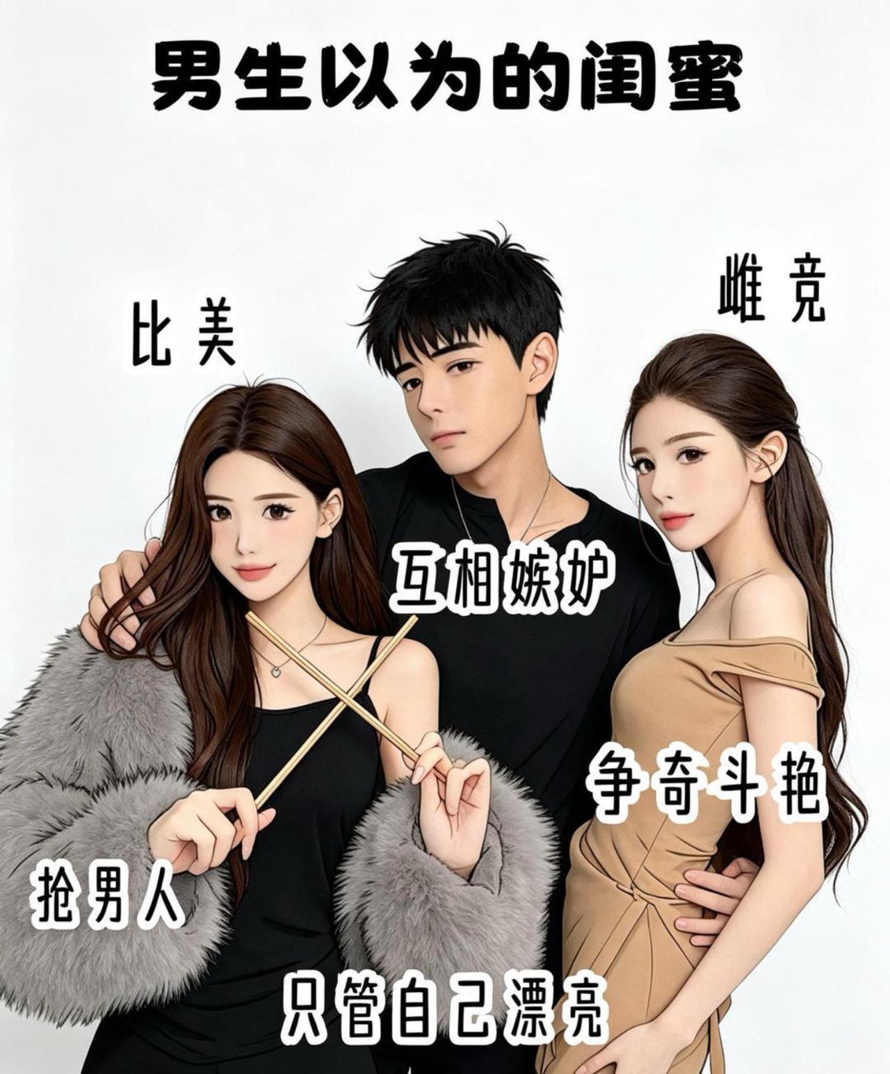 男生脑补闺蜜局堪比后宫修罗场，默认俩姑娘凑一块就是暗中比美较劲，暗自嫉妒较劲，还