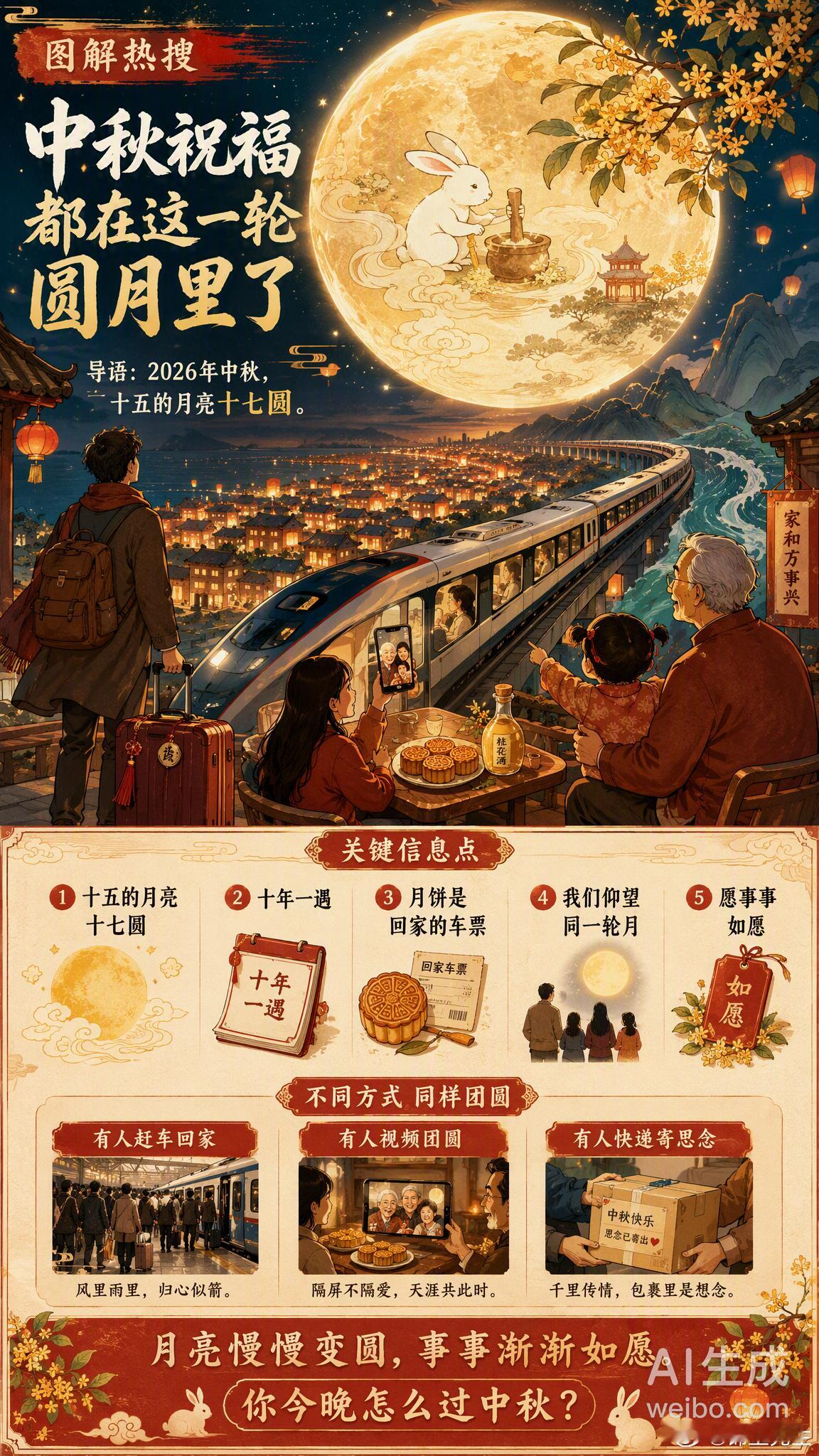 中秋祝福都在这一轮圆月里了小时候，月饼是甜甜的零食；长大后，月饼是回家的车票。今