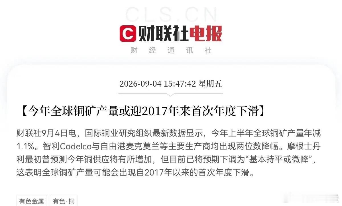 突发！全球铜矿产量下滑，铜矿迎来价值重估！国际铜业研究组织数据，上半年全球铜矿产