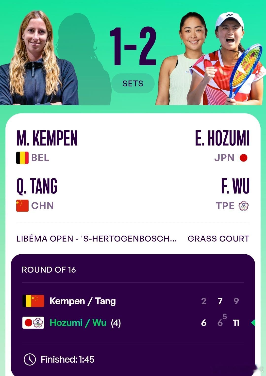 WTA250斯海尔托亨博斯站🇳🇱女双第1轮汤千慧🇨🇳/肯彭🇧🇪2-6