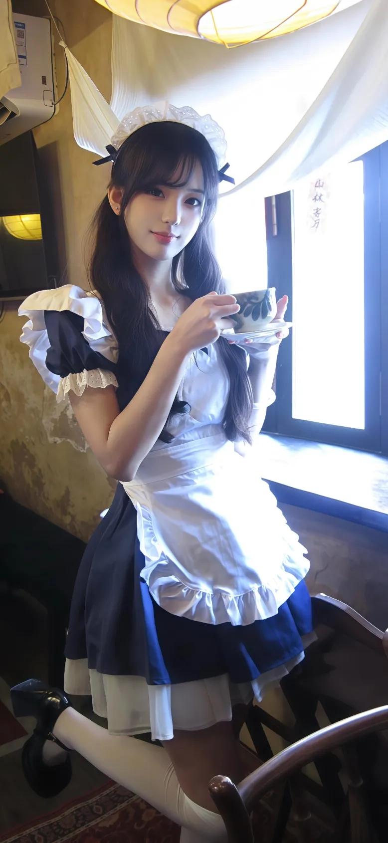 今日份甜妹女仆已上线🧁
经典黑白女仆装+蕾丝发箍，可爱度拉满
手持茶杯的姿势，