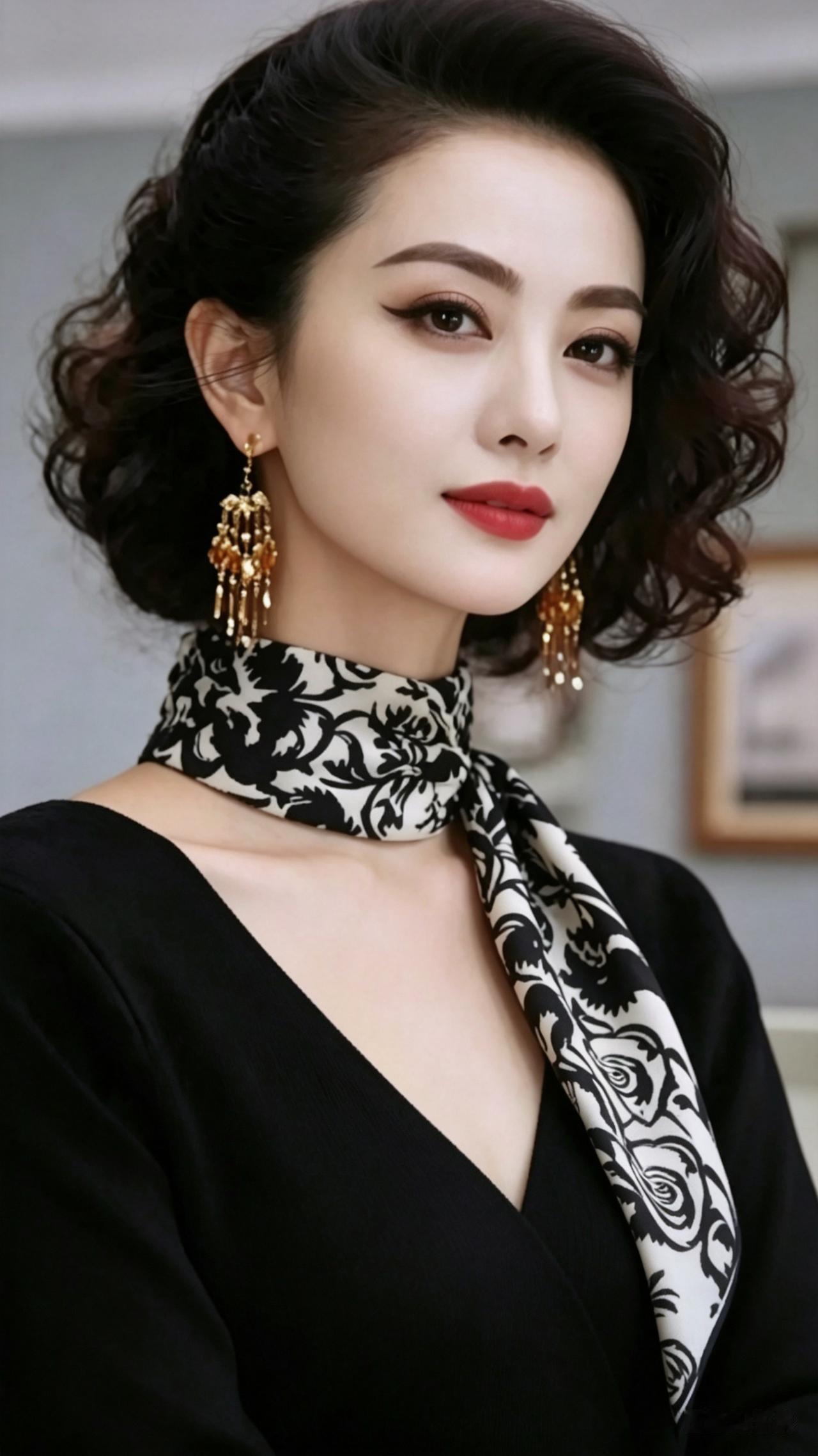 复古美人，卷发红唇配金耳坠，黑白丝巾勾勒优雅，气场全开惹人爱。