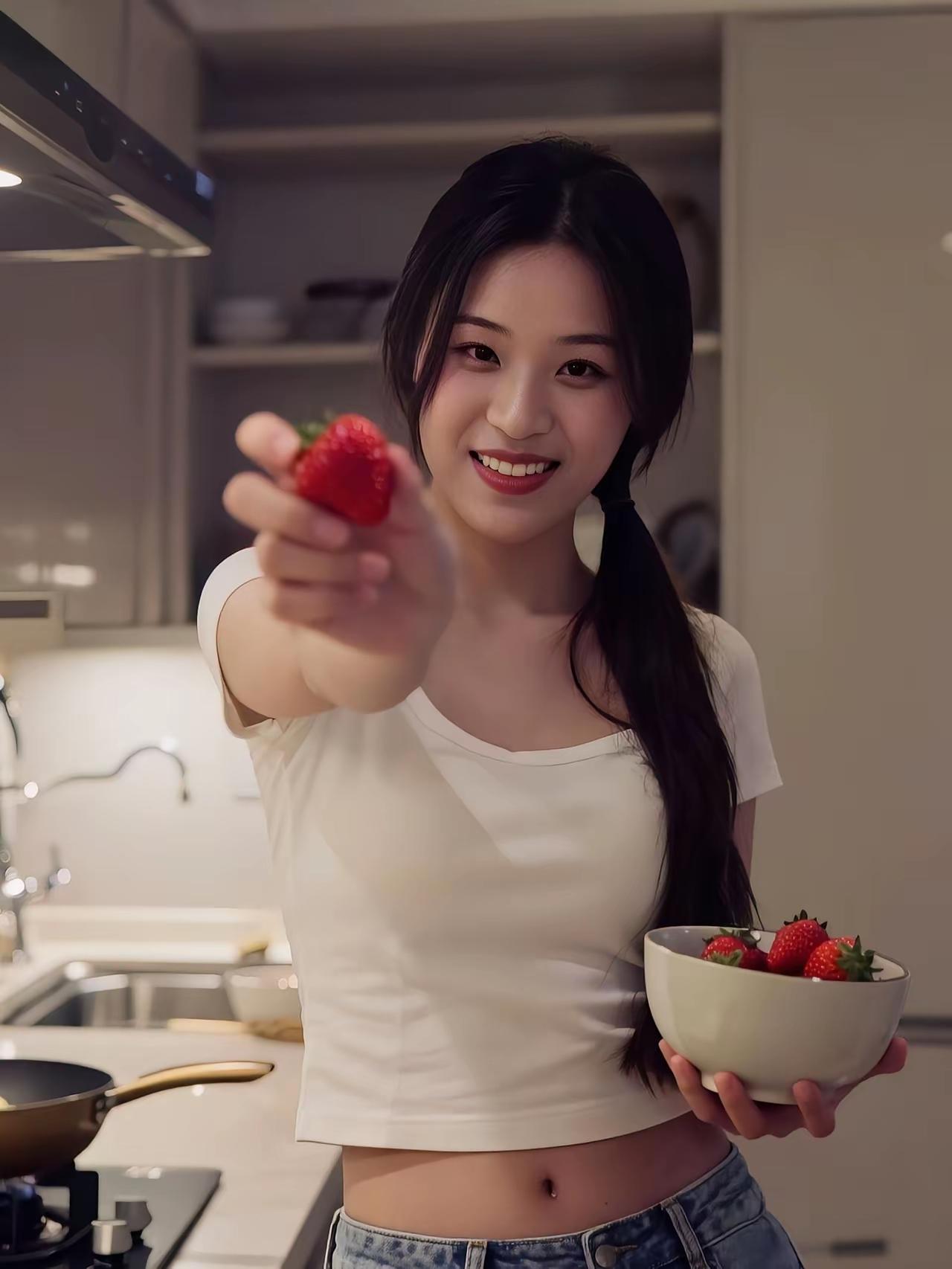 晒图笔记大赛 
草莓红如火，美人笑语甜。