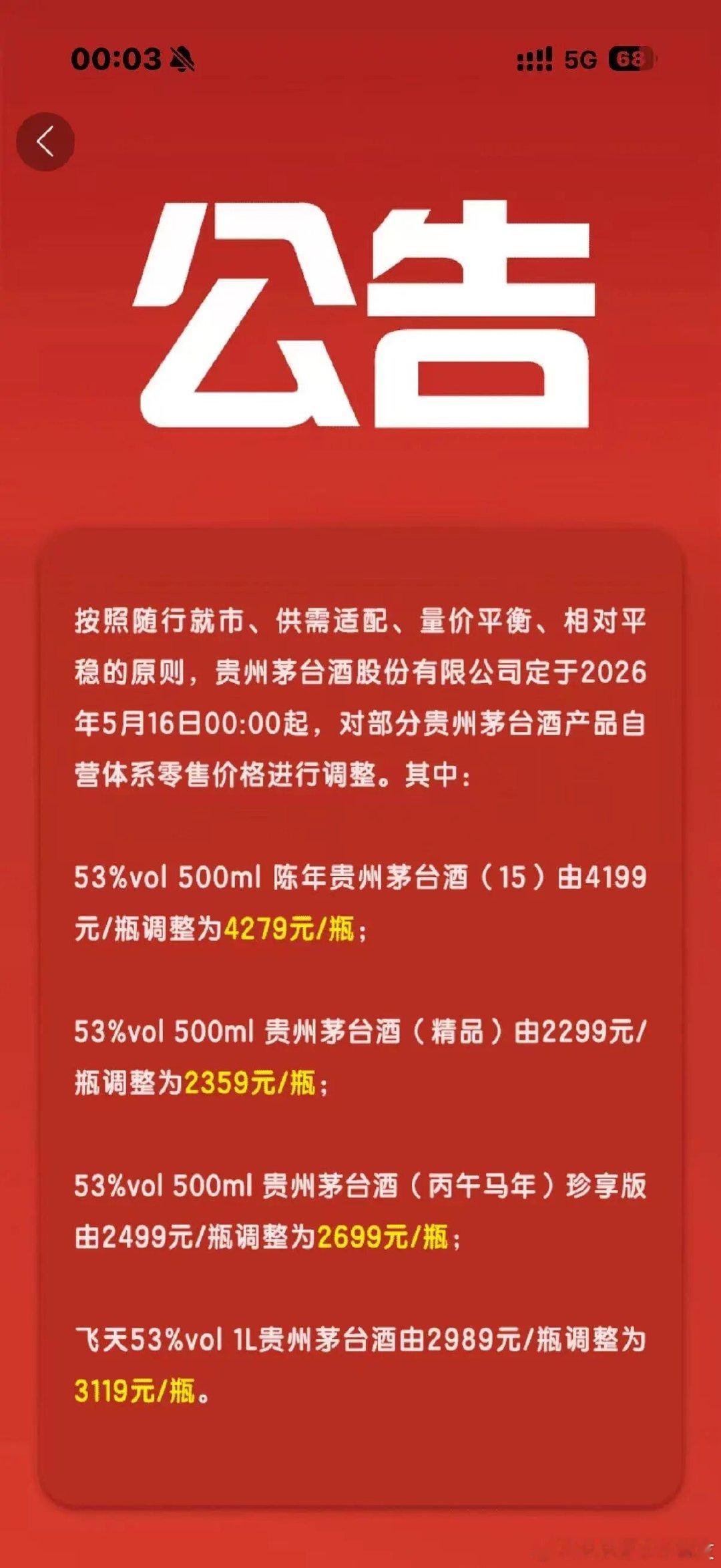 茅台高线产品提价：53%vol 500ml 陈年贵州茅台酒（15）由4199元/