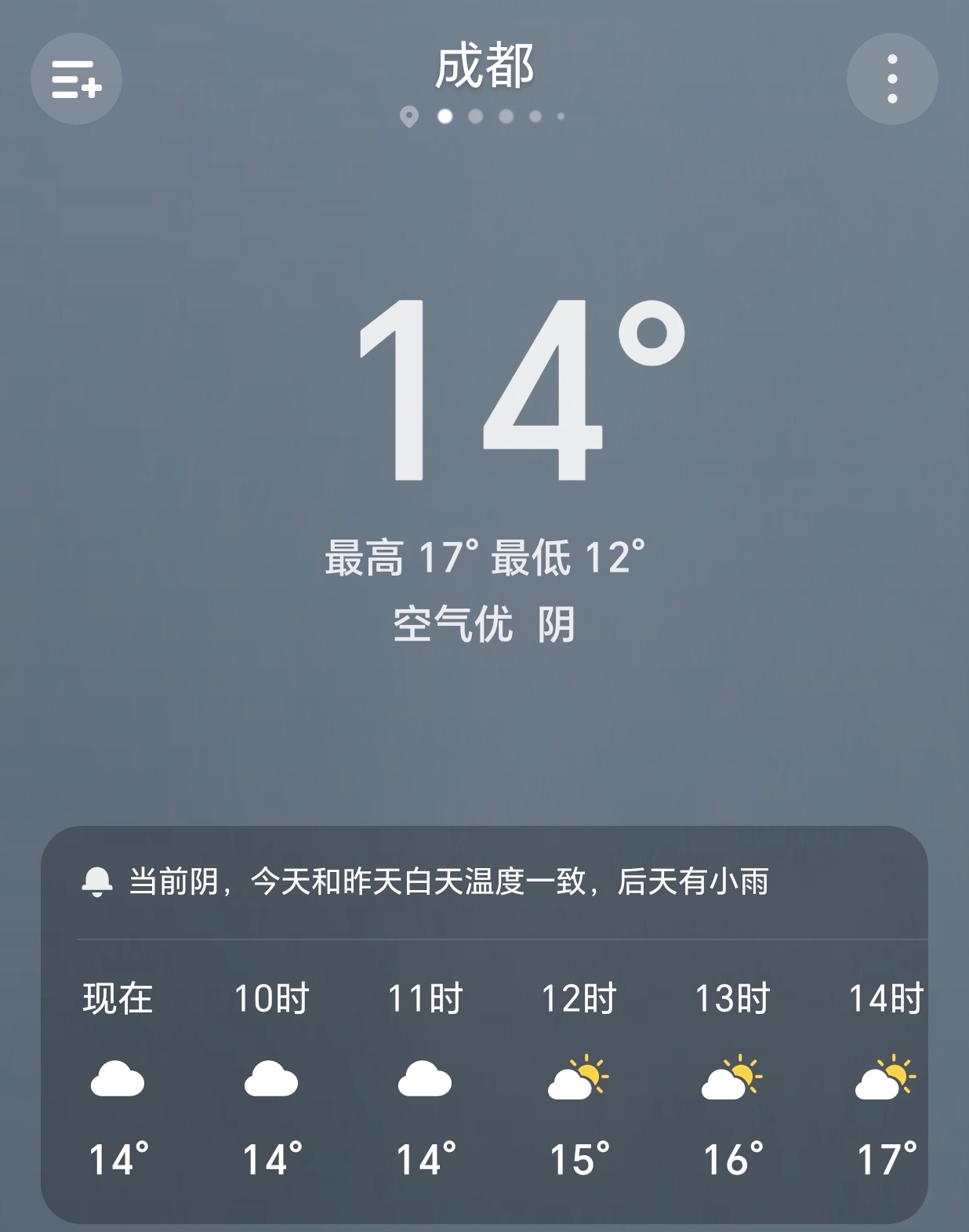 【早安成都】今天是11月12日，星期三，农历九月廿三，成都多云，12-17°C。