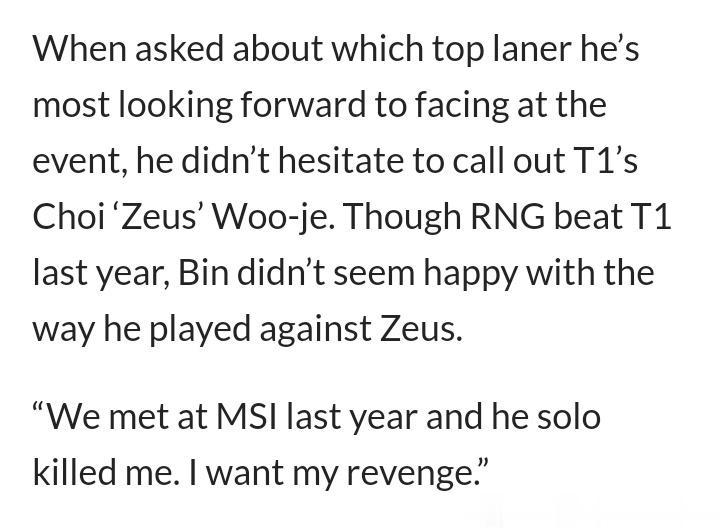 BLG Bin提到Zeus:

当被问到最期待在比赛中面对哪位上单选手时,他毫不
