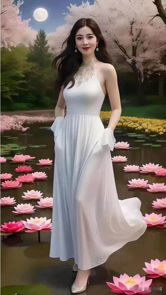 月照荷花树影斑，
倩女池边优雅姿。