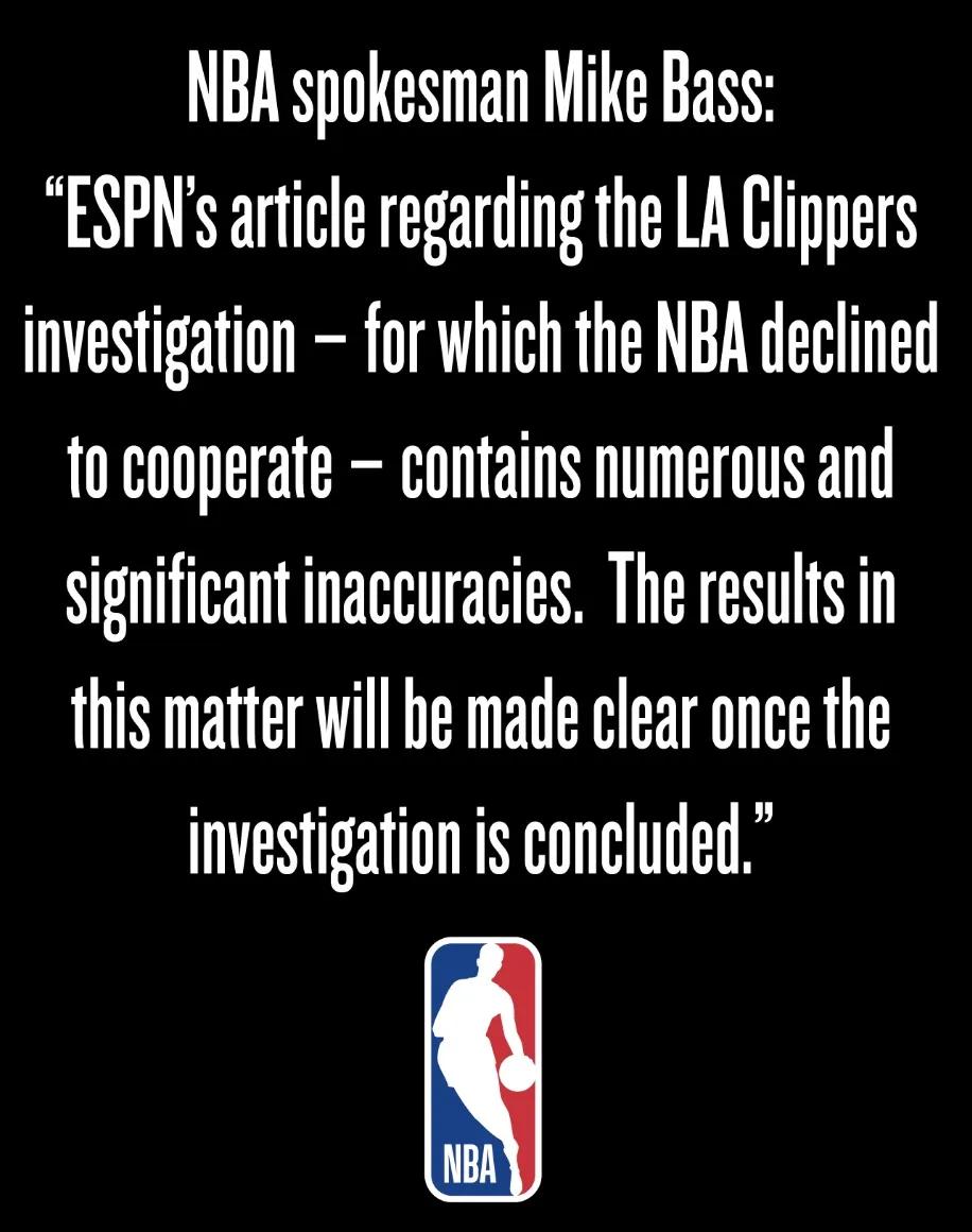 NBA官方反驳ESPN关于伦纳德的调查结论！
此前，ESPN包括NBA最有可信度