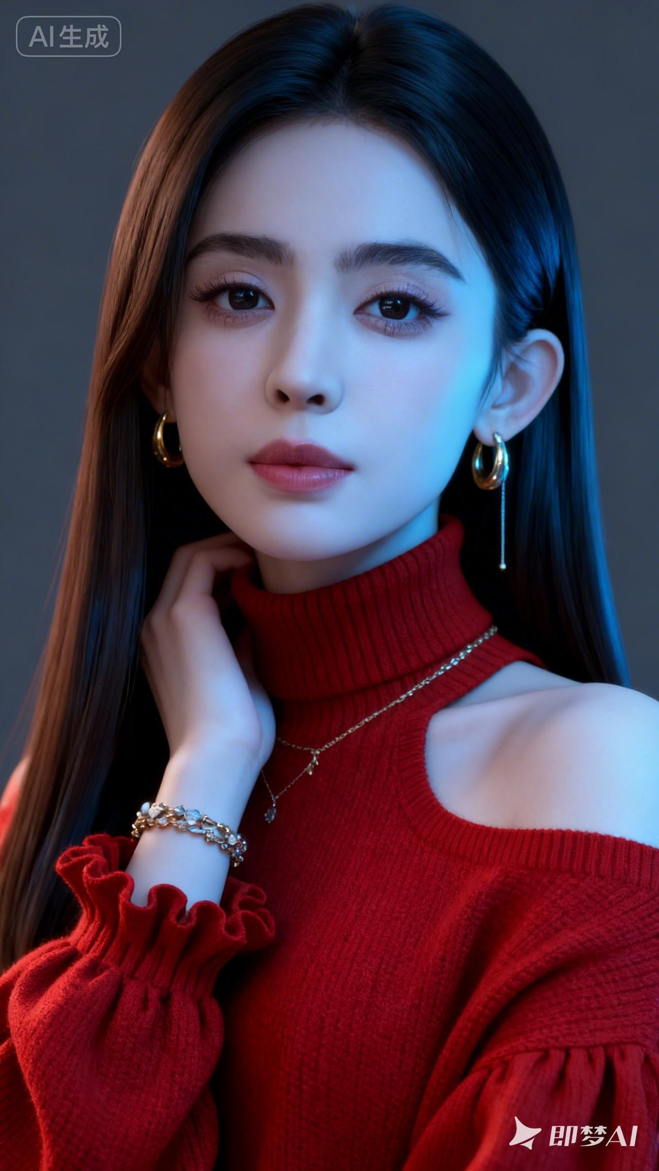 优雅红衣少女，精致妆容，金色耳环，梦幻氛围