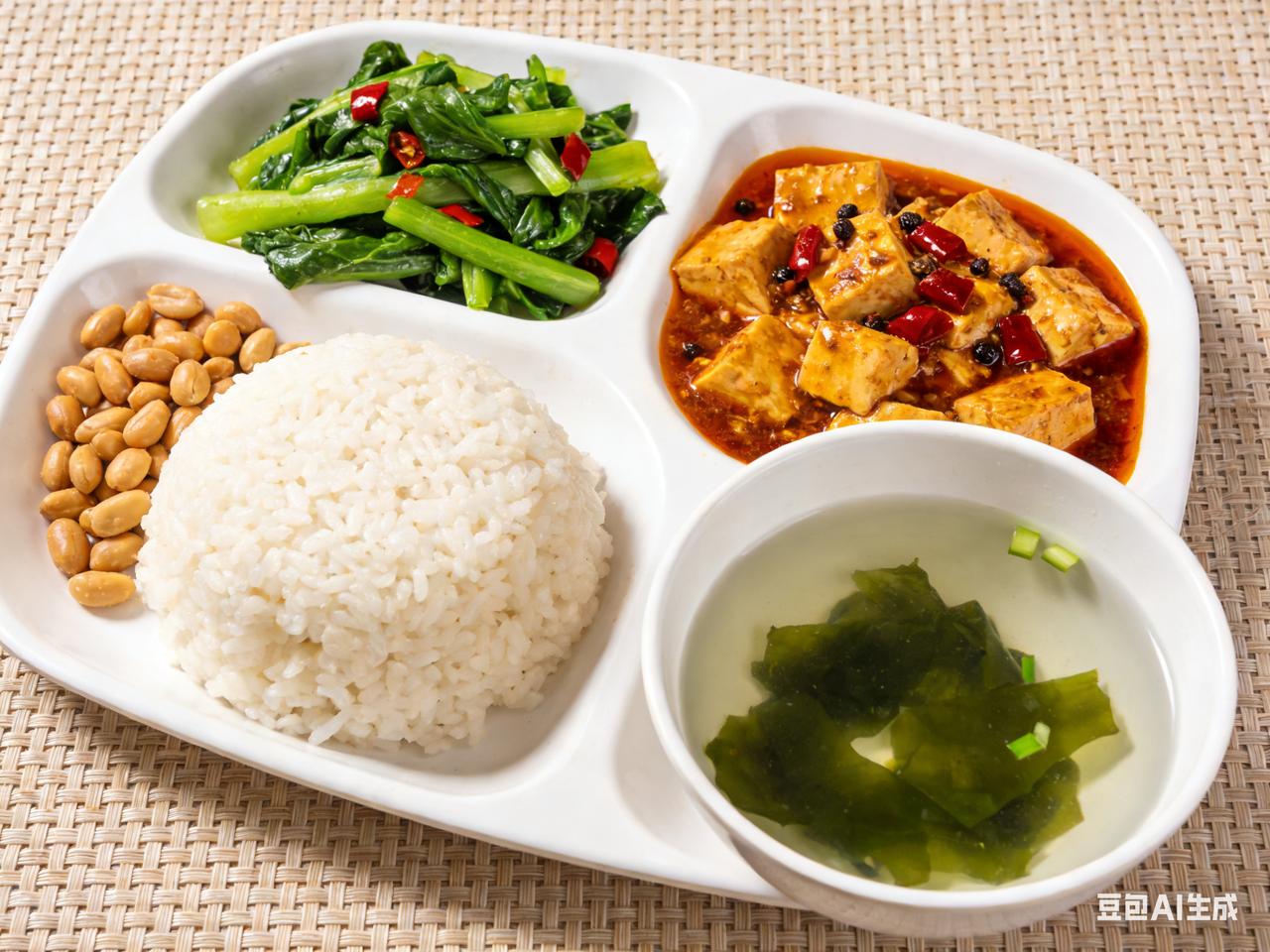 看到一家素食馆的招牌，一份米饭加一个素菜，一份麻婆豆腐，加一点花生米，还有一个海