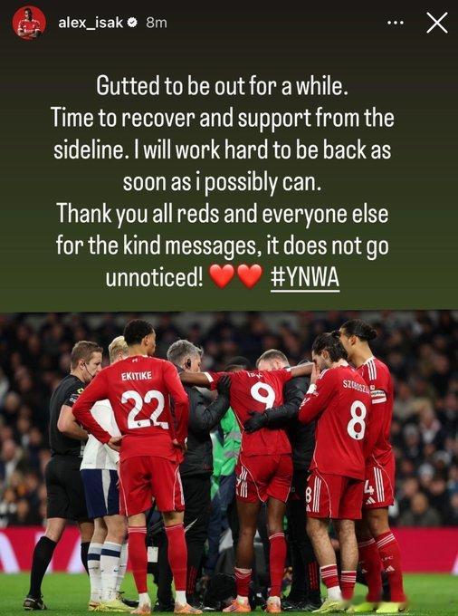 伊萨克手术后发声感谢球迷支持：“很遗憾要暂时离开赛场了。现在是时候好好恢复，在场