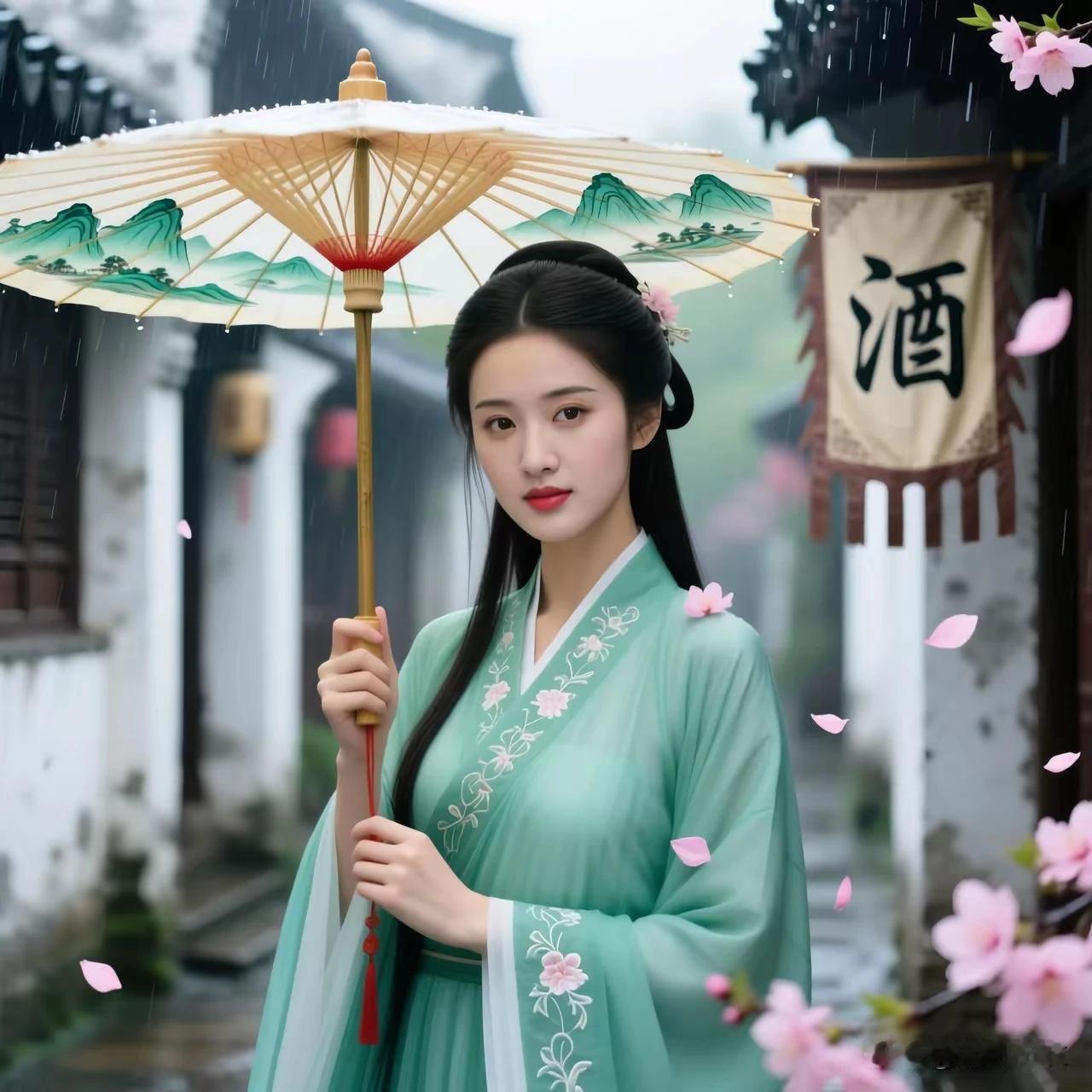 七绝•春约
 青旗隐隐酒初温，
小径香泥印旧痕。
雨巷春深花落处，
江南美女俏佳