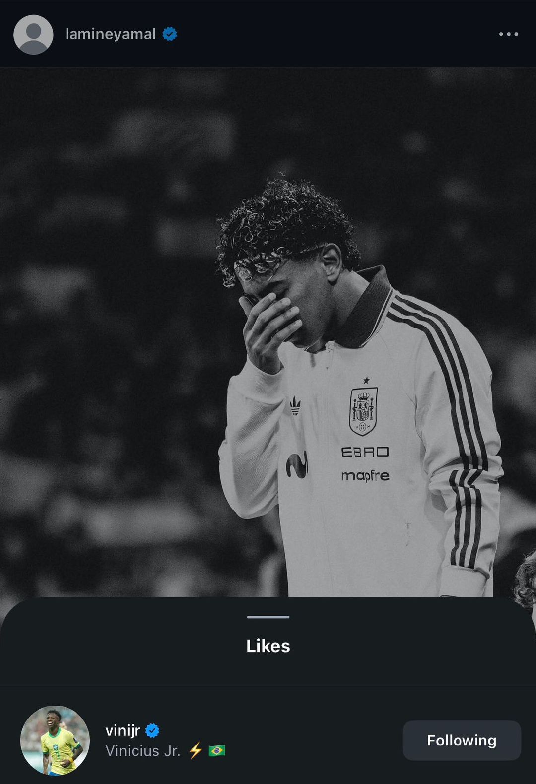 📲威尼修斯点赞了亚马尔的IG向他表达支持。*亚马尔：“我是穆斯林，昨天在球场里