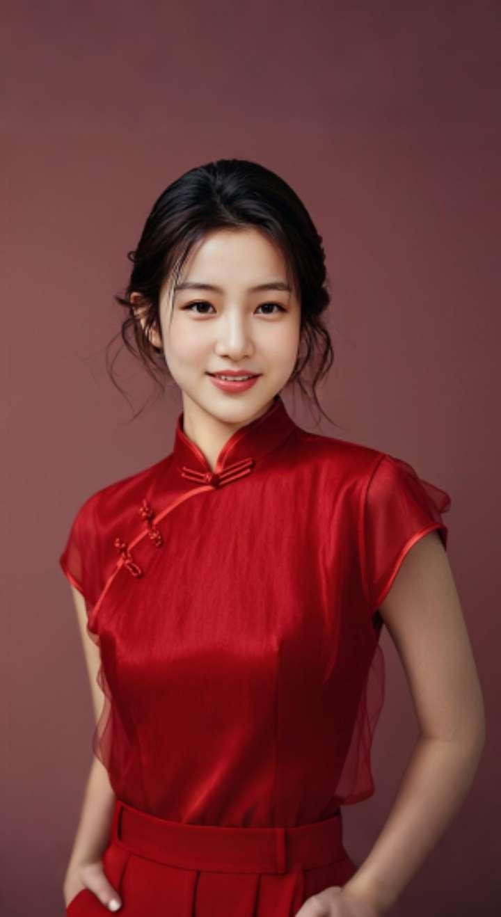 AI扩图 AI红裙浅笑