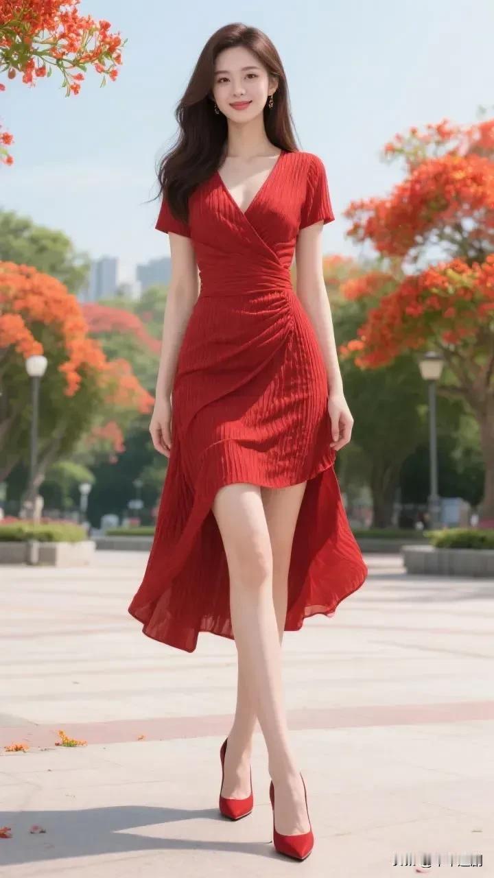 1正红褶皱长裙衬着凤凰花树，同色高跟揉出明艳又灵动的夏日氛围感❤️
红裙穿搭美学