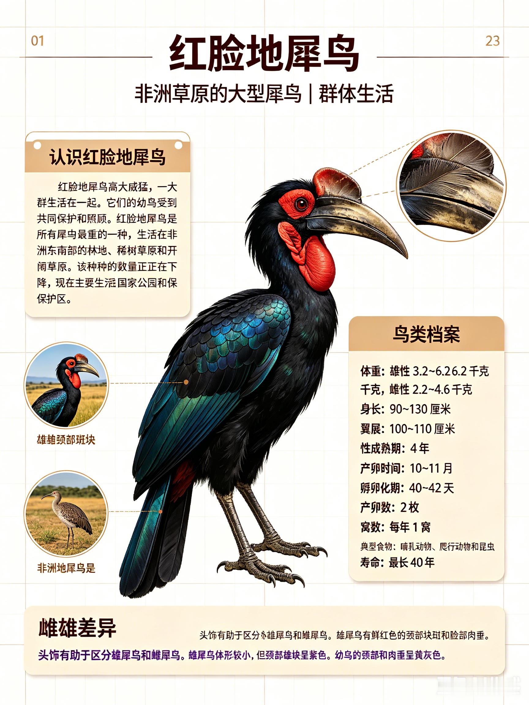 鸟类朋友图鉴 红脸地犀鸟红脸地犀鸟高大威猛，一大群生活在一起。它们的幼鸟受到共同